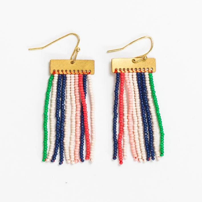 Scout Rectangle Hanger Solid Vertical Stripes Beaded Fringe Earrings St. Tropez