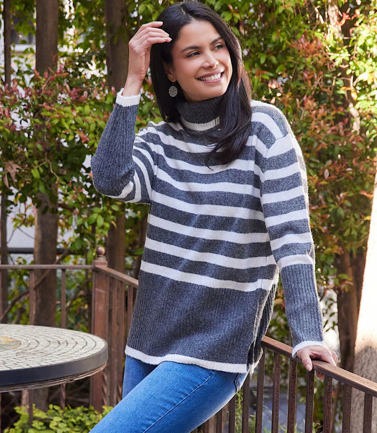 Stripe Turtleneck Sweater - Dark Gray