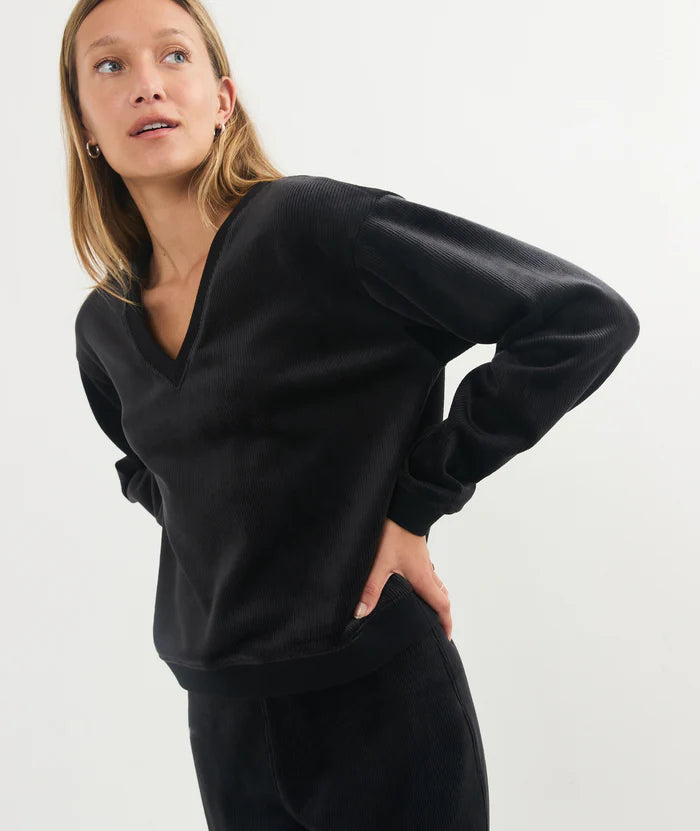 Velour Corduroy V Neck Sweatshirt - Black