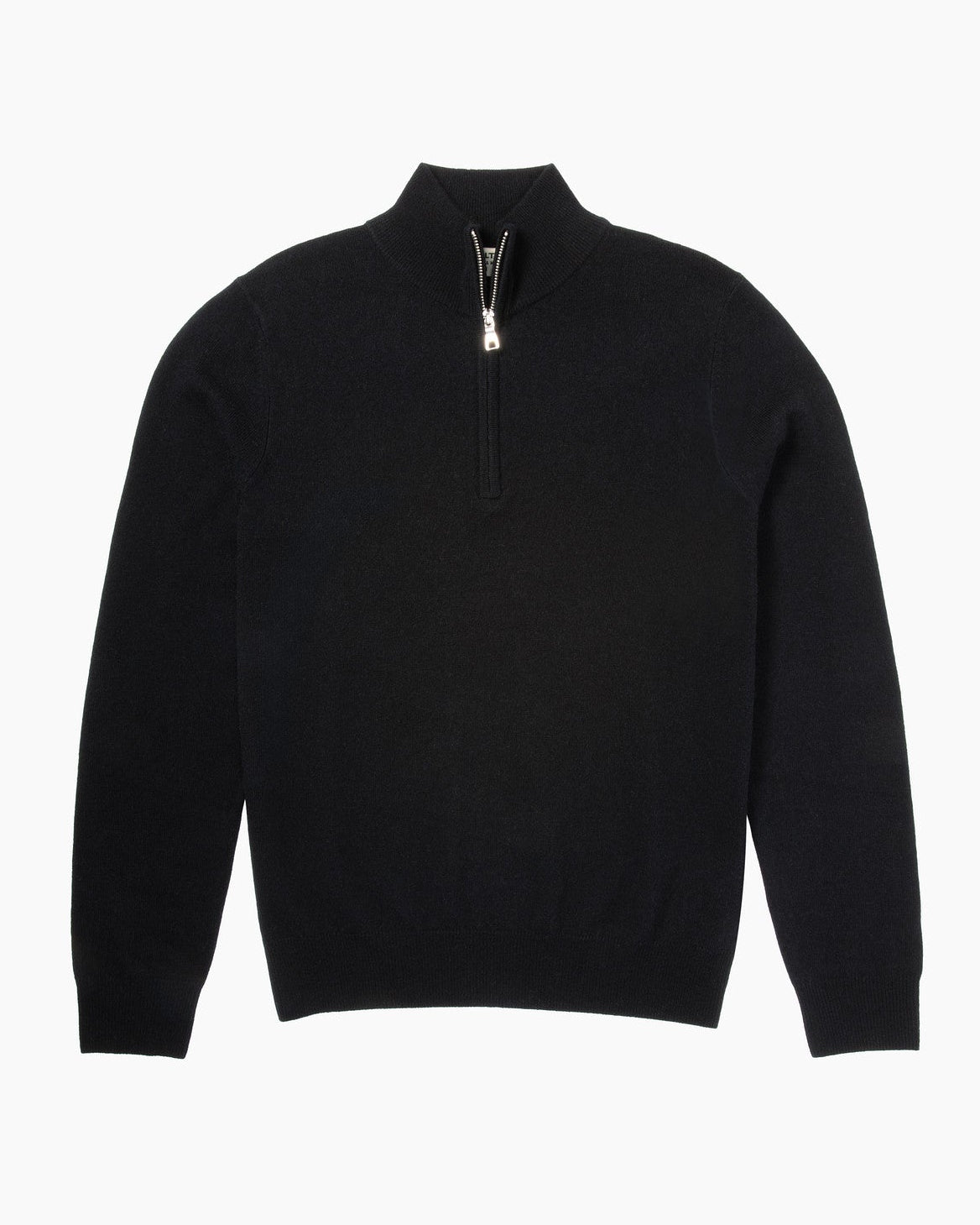 Black quarter-zip sweater on a white background