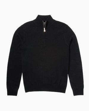 Black quarter-zip sweater on a white background