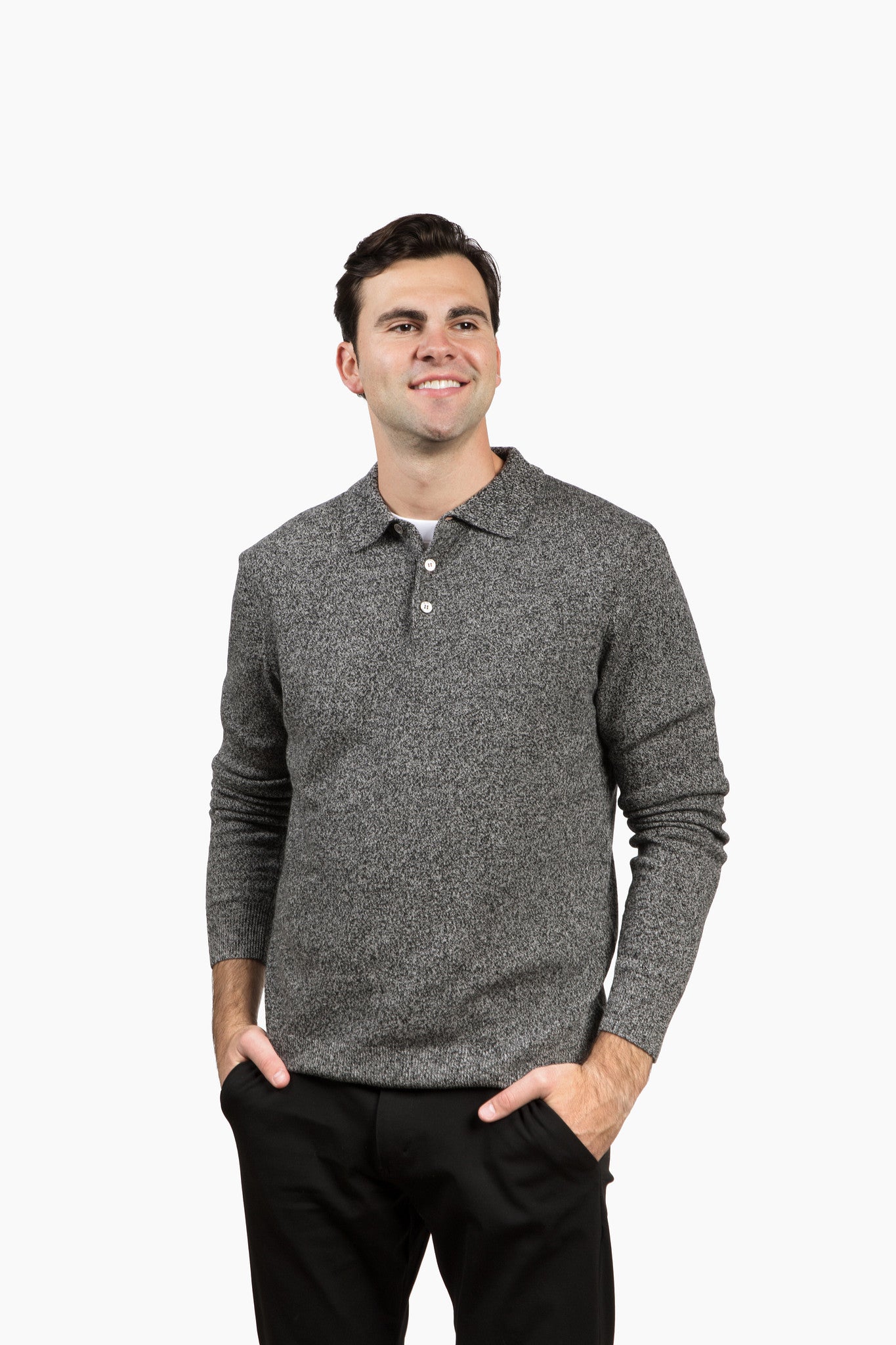 The Rhinebeck Sweater Polo in Merino Cashmere - Grey/Black Tweed