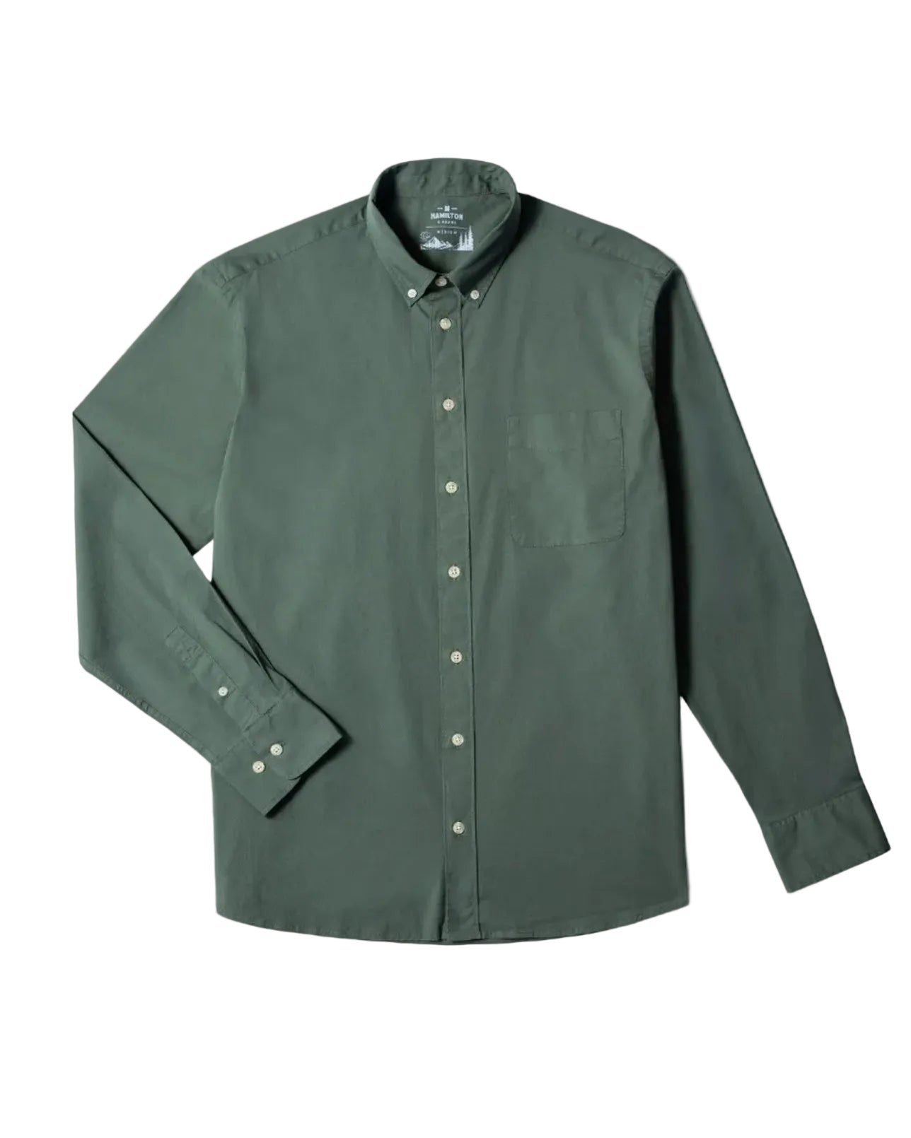 Green button-up shirt on a white background