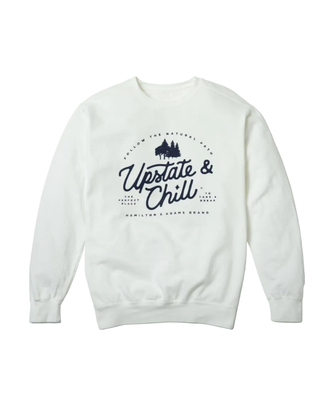 White sweatshirt with 'Upstate & Chill' text and graphic on a white background