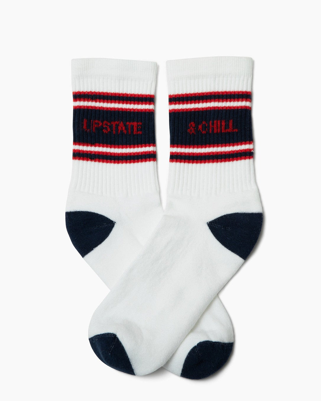 White socks with red and blue stripes on a white background