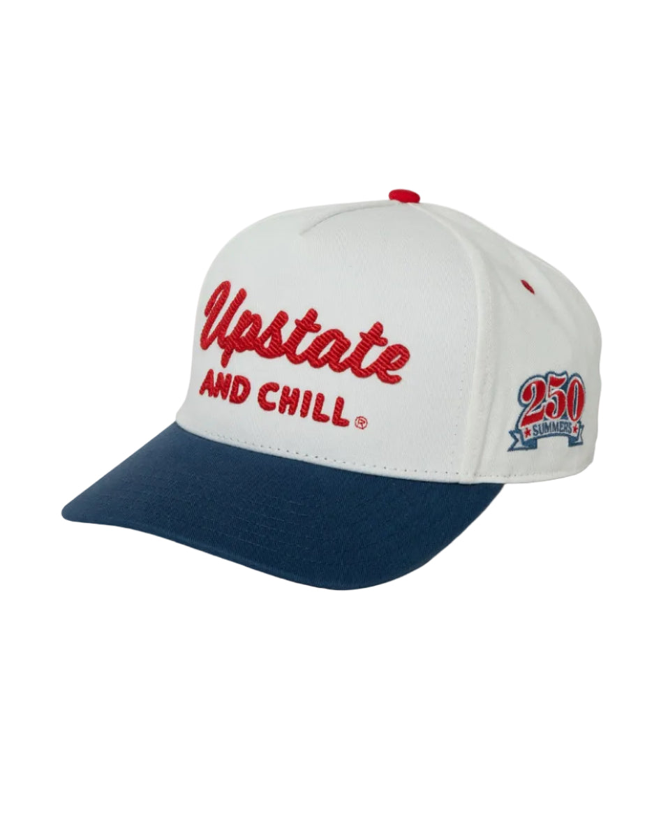 White and blue cap with red text on a white background