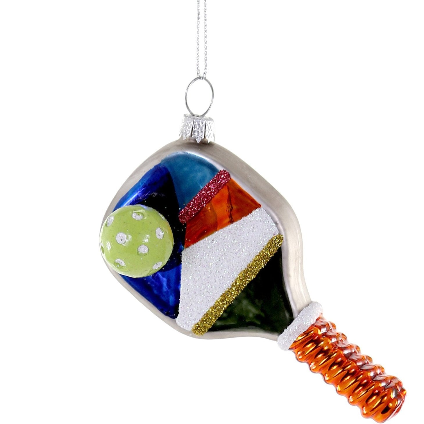 Colorful glass pickleball paddle ornament on a white background