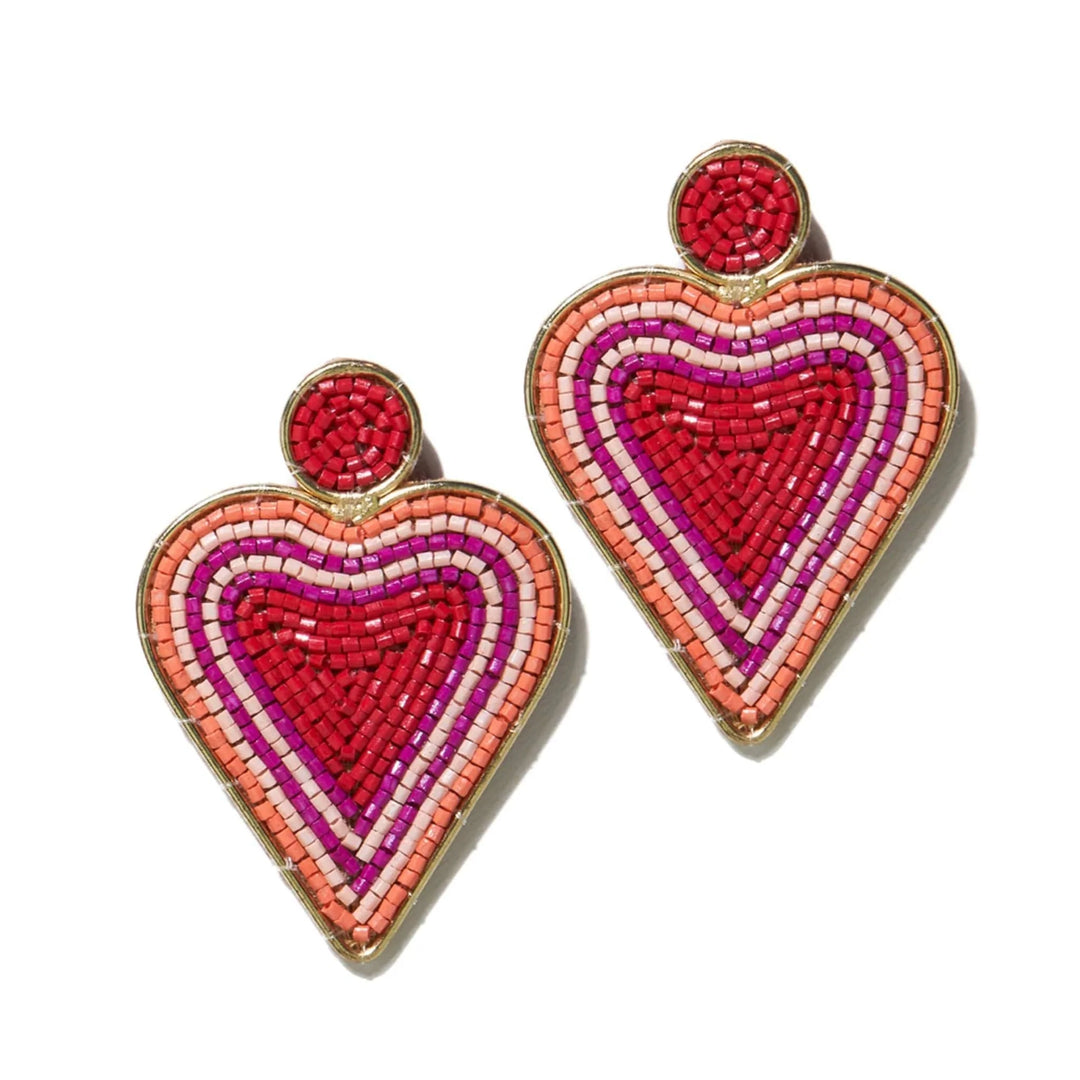 Pink Red Brass Heart Frame Beaded Post Earring 2"